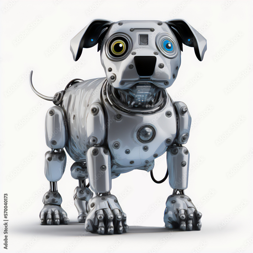 A robot dog is captured in an illustration on a white background, sitting patiently A robot dog is captured in an illustration on a white background, sitting patiently
