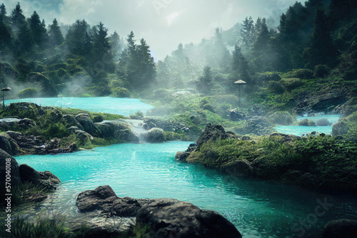 Natural Hot Spring with Waterfall for Relaxation Mindfulness and Self Care in Forest with Mountain Views Made with Generative AI © Bryan