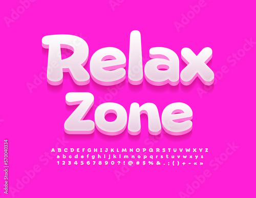 Vector artistic Emblem Relax Zone. Modern White 3D Font. Creative Alphabet Letters and Numbers