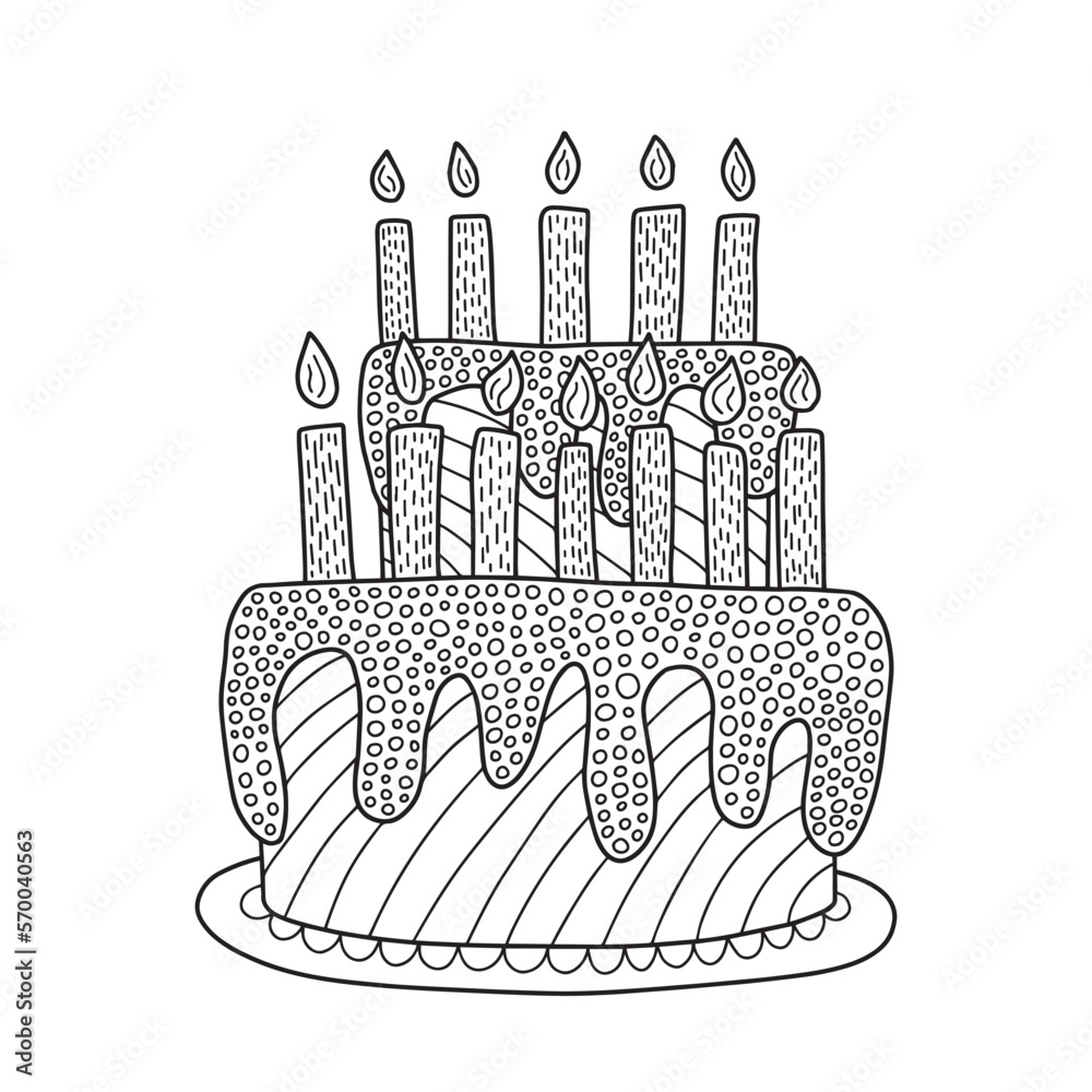 Happy birthday coloring page. Coloring page with doodle birthday cake ...