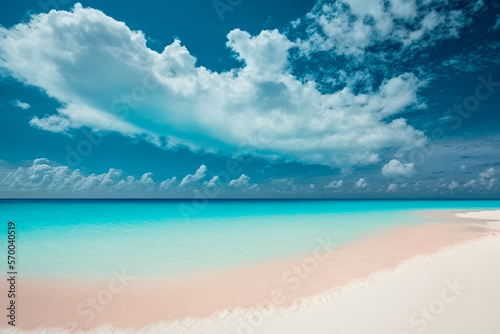 White sand beach, calm ocean turquoise waves and blue sky above, the environment of the beach in summer. Sea wave on the sandy beach. 
