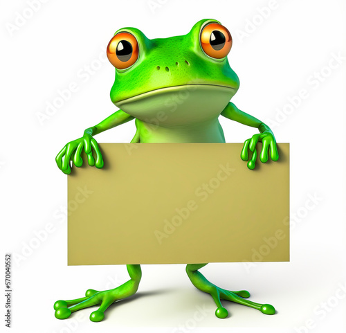 A charming little green toad holding a blank sign to carry a message on a white background. The perfect carrier of hope for designer or advertising messages. Generative AI © XaMaps