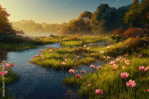 Spring Idyllic River Stream Wild Garden with Relaxing Waterscape at Golden Hour Made with Generative AI