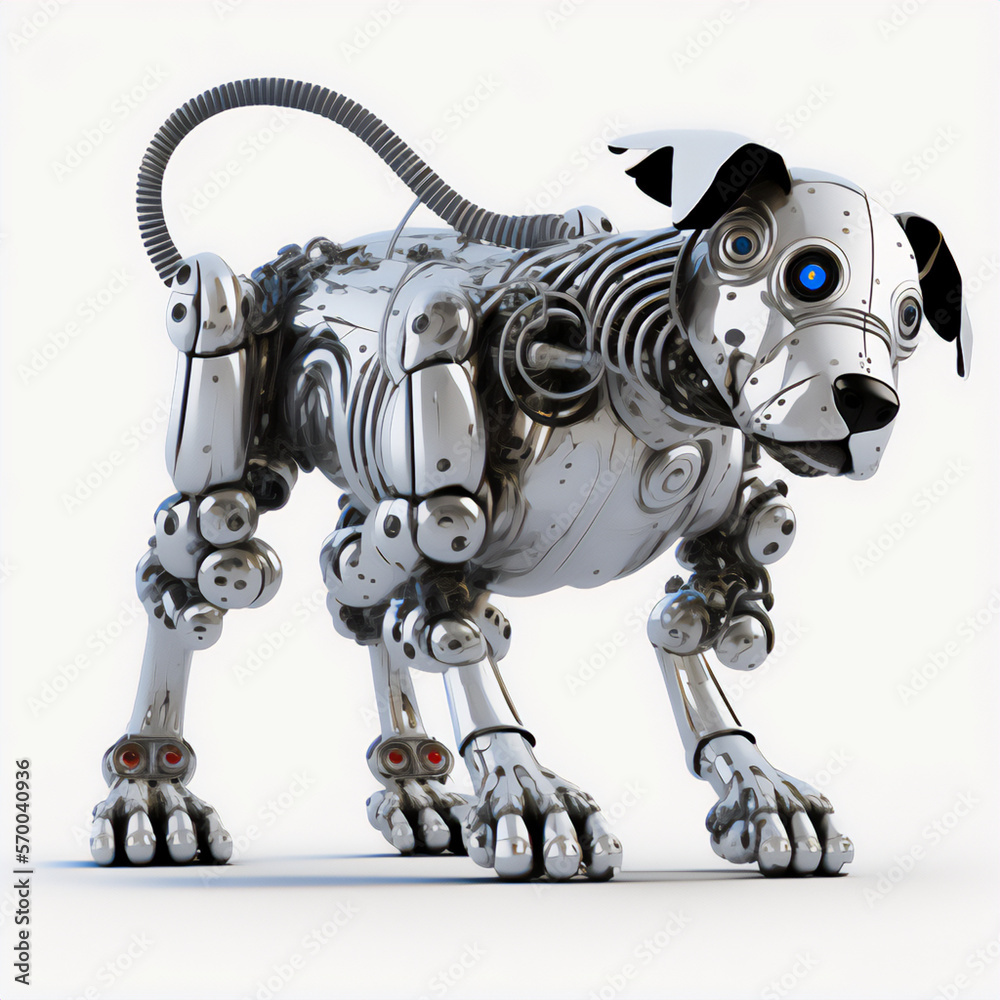 The artistic representation of the stay dog in robot style in a clean white background The artistic representation of the stay dog in robot style in a clean white background