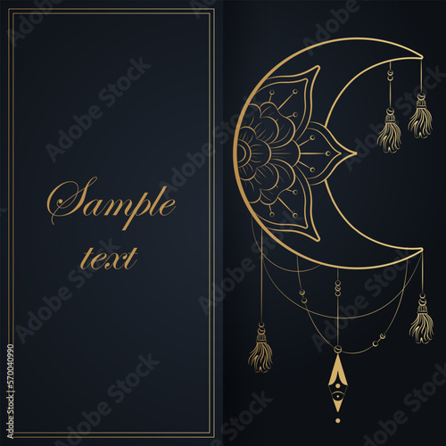 Arabic moon brochure template illustration. Golden ornament of oriental moon