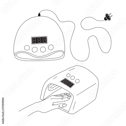 Vector UV lamp hand drawn sketch. Doodle UV lamp for manicure and pedicure with gel polish set