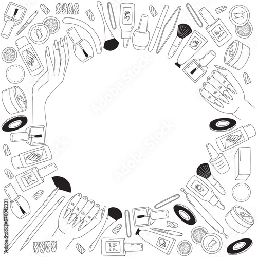 Vector manicure doodle frame. Hand drawn manicure and pedicure tools frame