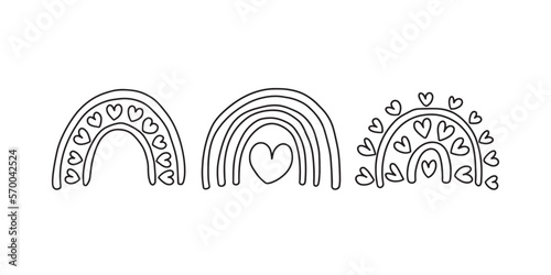 Cute doodle love rainbows set. Different kinds of rainbows with hearts vector set