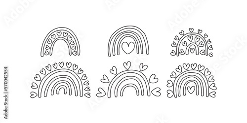 Cute doodle love rainbows set. Different kinds of rainbows with hearts vector set