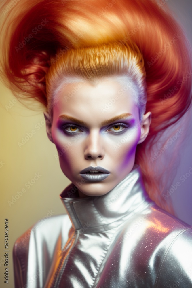 Top Model mit außergewöhnlicher Frisur und Styling im Portrait Mode Foto, ai generativ Top Model mit außergewöhnlicher Frisur und Styling im Portrait Mode Foto, ai generativ