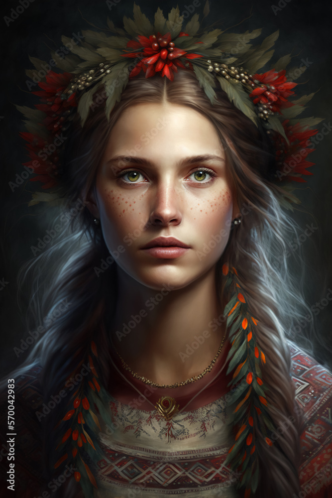 Portrait of a beautiful young girl, slav woman with a wreath on her head, generative ai