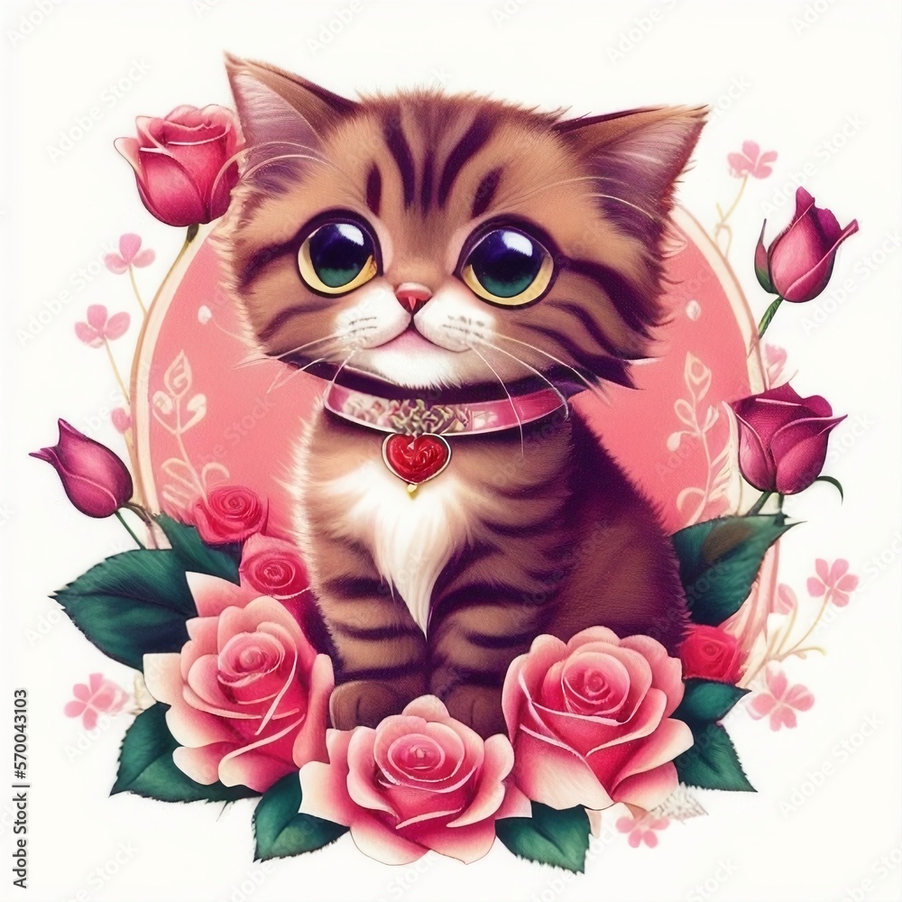 a cute lovely cat with a collar around it's neck sitting on roses, ai generated