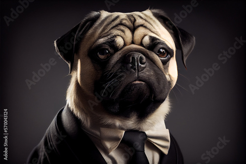 Humanized pug dog dressed in a formal business suit. Humanized animals concept. High quality ai generated illustration.