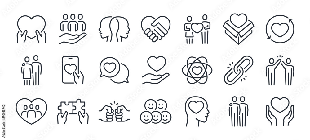 Love, friendship, care and charity concept editable stroke outline icons set isolated on white background flat vector illustration. Pixel perfect. 64 x 64. - obrazy, fototapety, plakaty 