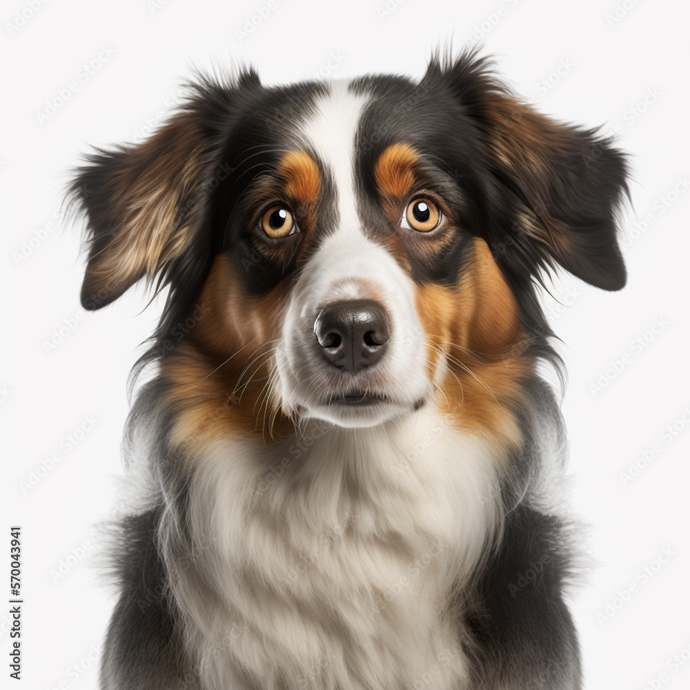 cute Aussie dog, looking directly to the camera, white background