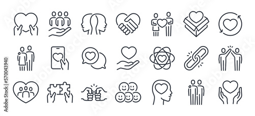 Fotografiet Love, friendship, care and charity concept editable stroke outline icons set isolated on white background flat vector illustration