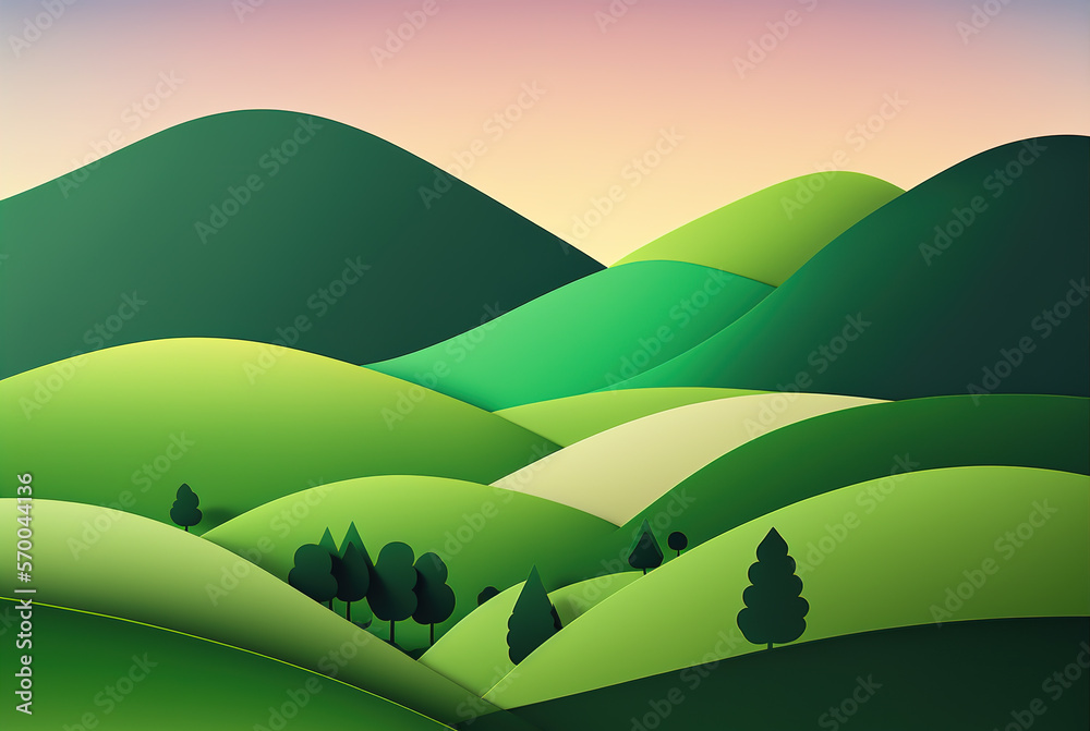 Fototapeta premium Abstract landscape wallpaper background illustration design with green hills and mountains. generative ai