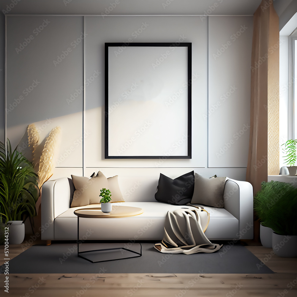 Interior design of living room with Khakis armchair and brass coffee