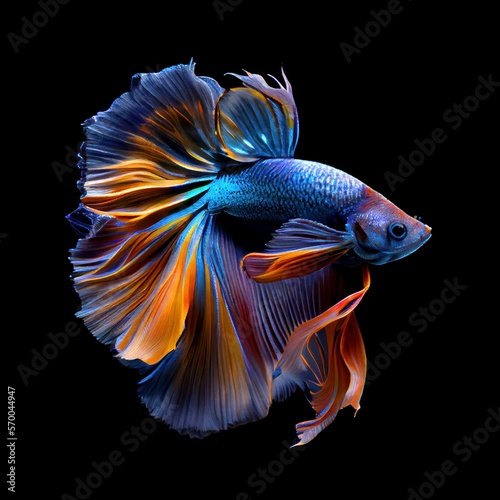 Beautiful colors"Betta Fighting Fish" capture the moving moment beautiful of betta siam fish in Thailand on a Black background generative ai