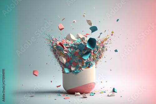 Multi-colored explosion from plastic, paper. Waste recycling.