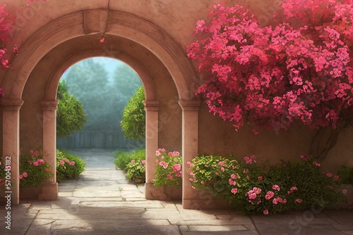 Foto Romantic stone archway and pink flowering hibiscus bushes