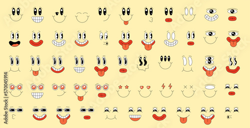 Retro groovy style smiley character face set. Hippy crazy emoji collection. Hippie psychedelic smile faces. Positive cartoon facial expressions. Vintage comic eye and mouth emotions elements. Vector
