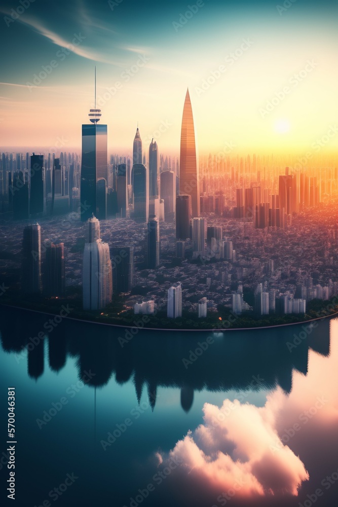 Generative AI rendering of a fictional futuristic metropolis and reflection of cityscape and sky in the water Generative AI rendering of a fictional futuristic metropolis and reflection of cityscape and sky in the water