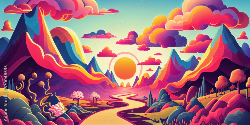 Colorful psychedelic landscape cartoon style wallpaper. 70s Hippie Clouds, Rainbows, sun