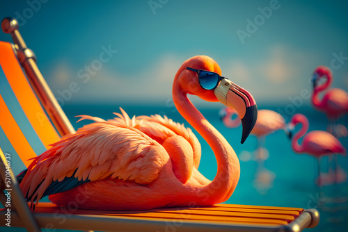Bright flamingo bird in sunglasses rests on the beach by the pool under palm trees with a glass. Beautiful exotic tropical summer elegant holiday vacation concept. Generative AI