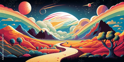 Colorful psychedelic landscape cartoon style wallpaper. 70s Hippie Clouds, Rainbows, sun, space planet background. Generative AI