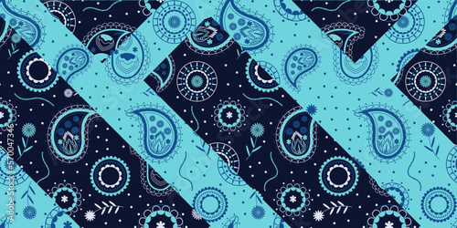 Blue bandana kerchief paisley fabric patchwork abstract vector seamless pattern