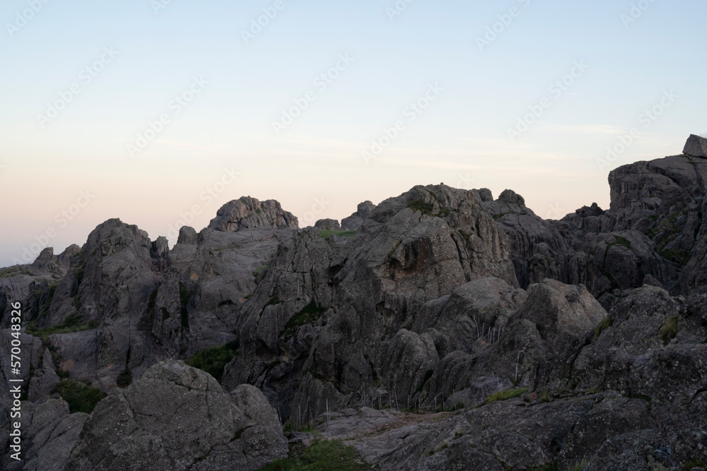 Panoramic view of the rock massif The Giants in Cordoba, Argentina, at sunset. Beautiful rock texture and dusk colors.
