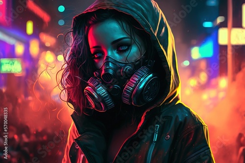 A beautiful anime girl in a hoodie wearing a gas mask in a colorful neon city at night, generative ai photo