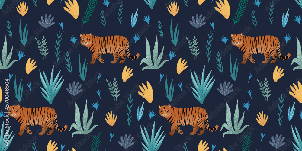 Seamless pattern with tigers and tropical leaves. They are well suited for wrapping paper, textiles and wallpaper for the children's room.