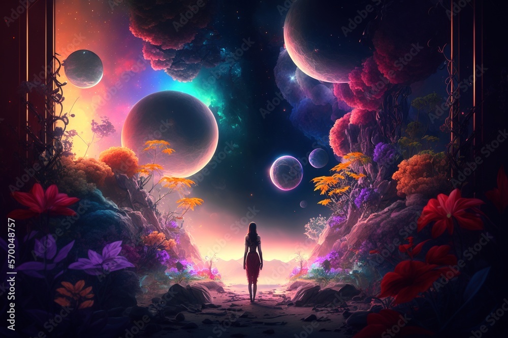 Fototapeta premium A silhouette of a woman standing on a tropical planet and gazing at the colorful galactic neon sky and different planets, generative ai