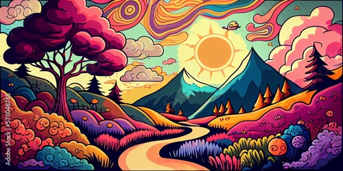 Colorful psychedelic landscape cartoon style wallpaper. 70s Hippie Clouds, Rainbows, sun, mountains background. Generative AI