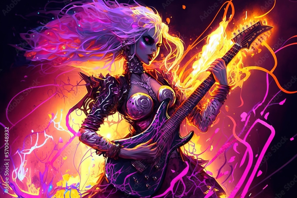 A female fantasy rockstar playing an electric guitar, surrounded by energetic flames and a colorful neon background, generative ai
