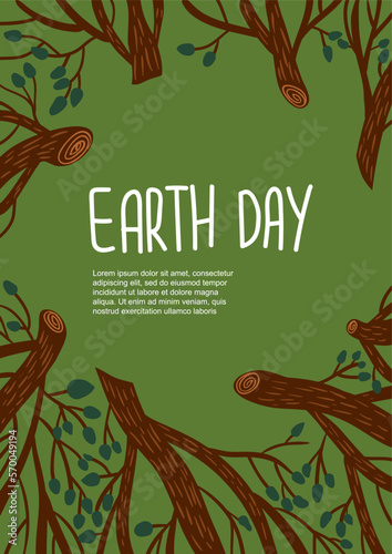 Earth Day poster. World environment day. Felled trees, stumps. Protection, ecology conservation. Save forest. CO2 problem. Сutting down trees