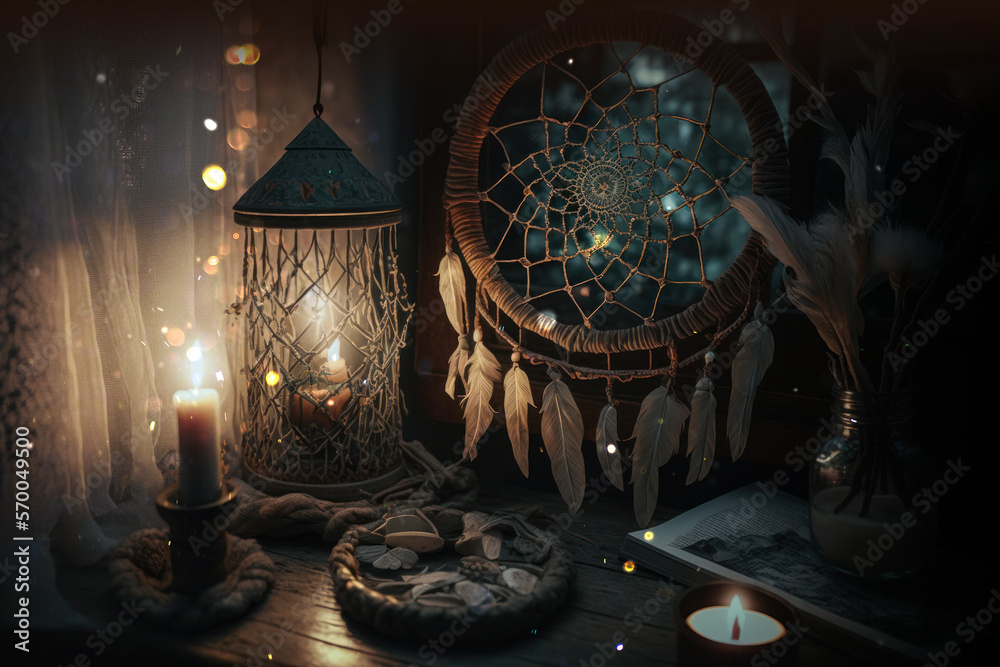 Mistery dreamcatcher, candle and moonlight,  AI Generated background