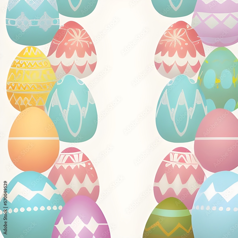 Easter patterns with colourful eggs over white background, created with AI generative tools