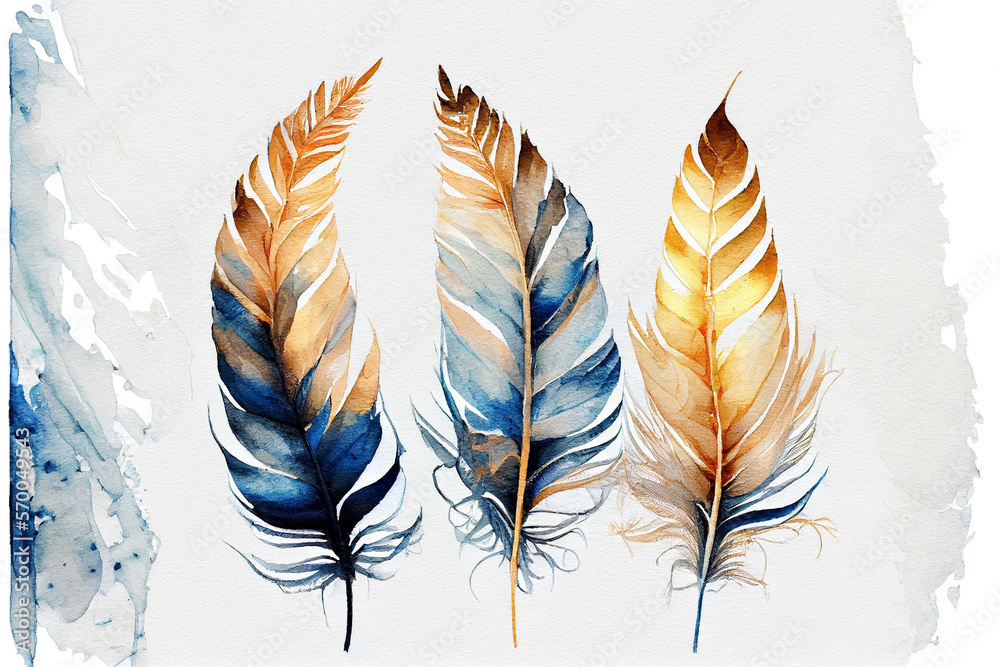 Gold Feathers Collection With White Background Design Element For