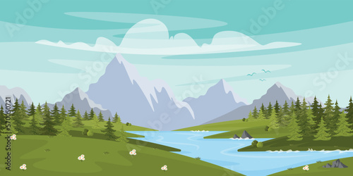 Vector illustration of a beautiful sunny mountain landscape. Cartoon summer landscape with blue sky with clouds, mountains, birds, forest, river, flowers.