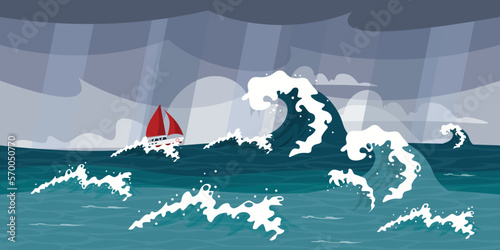 Vector illustration of a beautiful sea storm landscape. A cartoon seascape with a gray sky, rain, big waves and a ship with red sails. A ship on the crest of a sea wave.