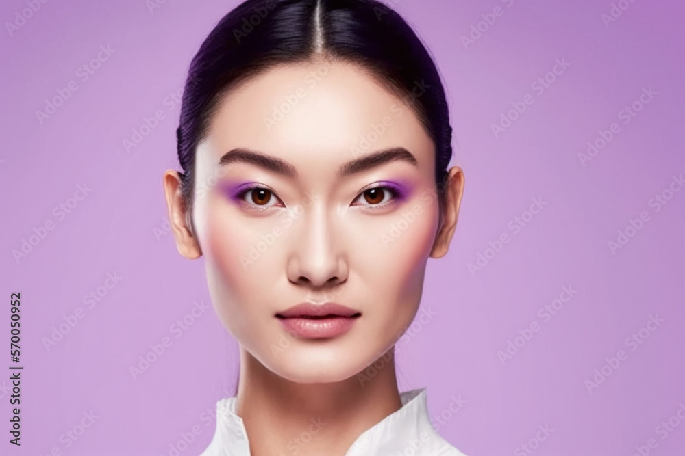 Fototapeta premium Beautiful asian model with luminose skin on colored background created with ai generative tools