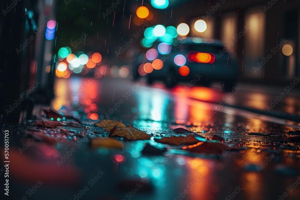Fotografie Rain is falling on the wet street floor and blurred neon lights created with Gen