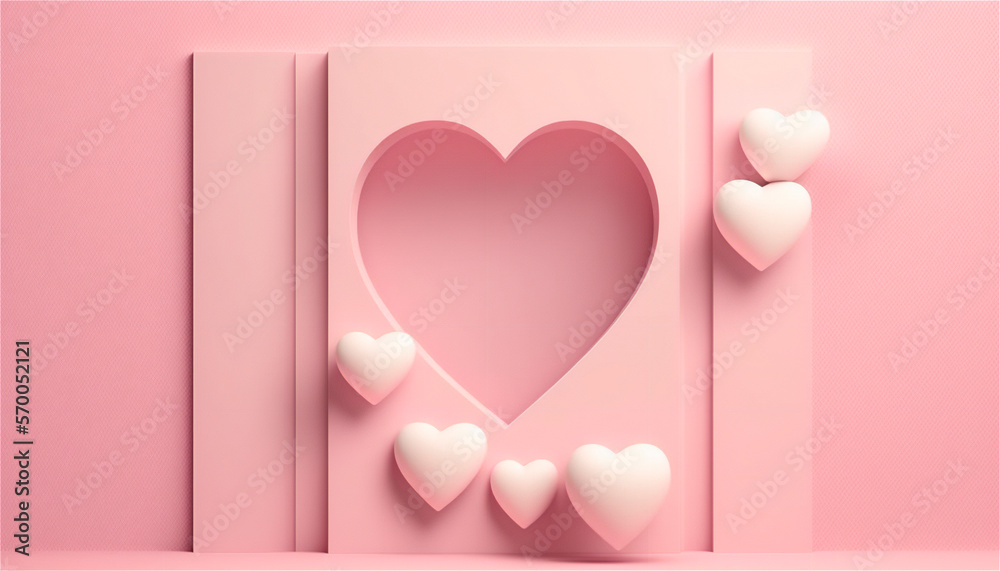 Beautiful horizontal banner with pastel pink tones paper texture decorated with hearts, wedding background. Copy space. Happy Valentine's Day template. Pastel colors. AI generated