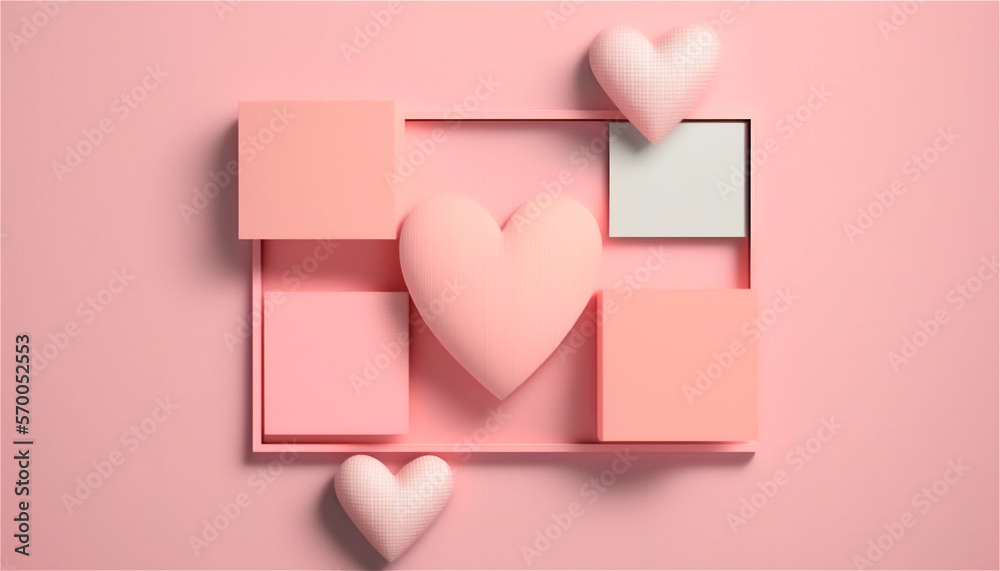 Beautiful horizontal banner with pastel pink tones paper texture decorated with hearts, wedding background. Copy space. Happy Valentine's Day template. Pastel colors. AI generated