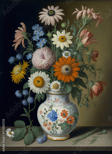 chamomile and other colorful flowers in a vase, art illustration 