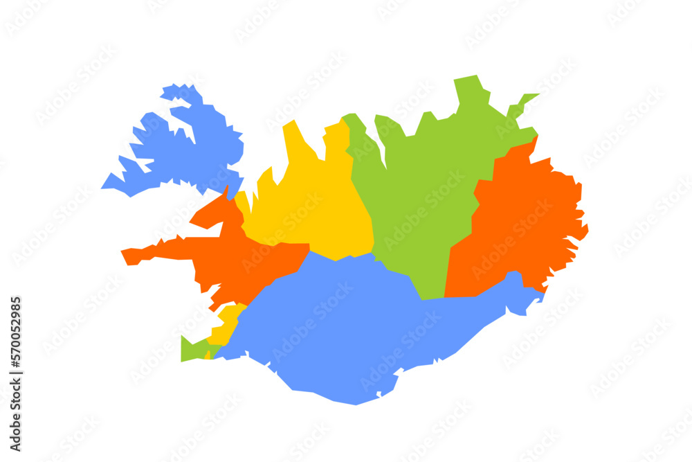 Iceland political map of administrative divisions - regions. Blank colorful vector map.