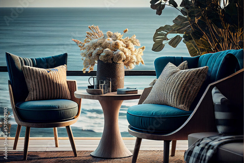Minimalist modern terrace with relax area, armchairs and table for breakfast, panoramic sea ocean, sunset sunrise. outdoor terrace with designer furniture sofa with ocean view. High quality ai photo